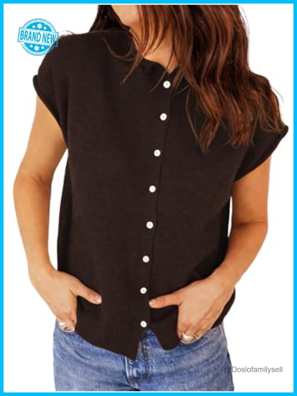 Womens Cap Sleeve Button Knit Cardigan Sweater Vest Crew Neck Cropped